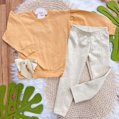 Conj. Blusão Perfect Laço Lateral e Calça Legging - Laranja e Areia